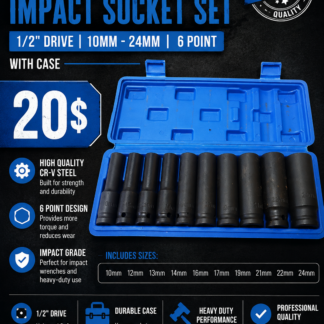 10pc Metric Deep Impact Socket 1/2" Drive 10mm-24mm 6 Point Sockets w/ Case Set